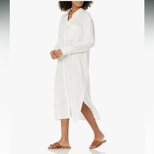 White Button-Up 100% Linen DRESS by The Drop. Size L. Splits. Pockets. New!
